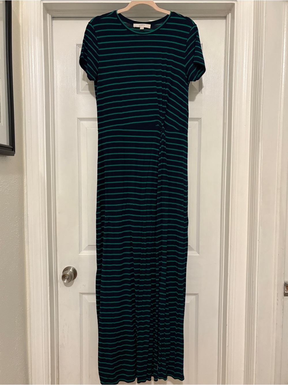 Striped Short-Sleeve Maxi Dress in green and navy